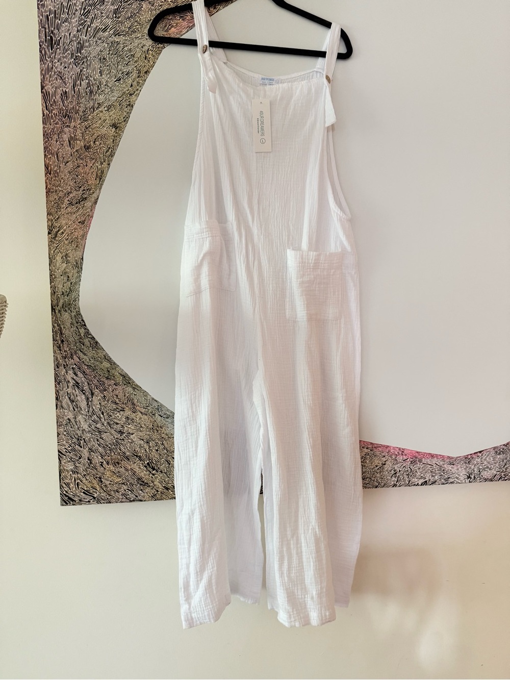 NWT 4Ourdreamers Lightweight Muslin White Cotton Jumpsuit with Front Pockets L